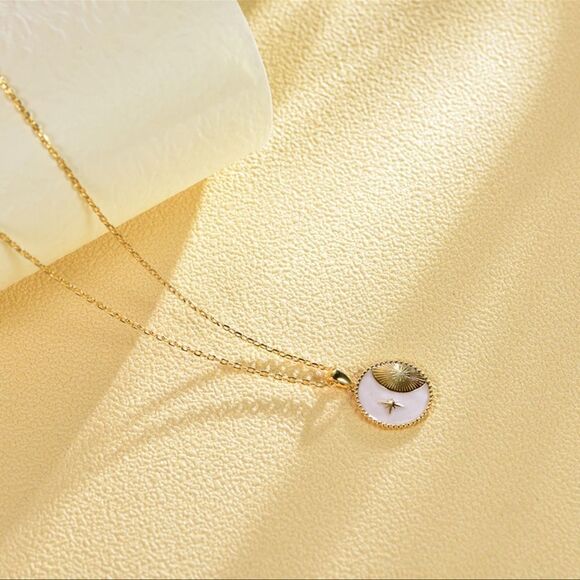 New Sterling silver 14k plated cubic zirconia white enamel round 18” necklace - Picture 5 of 5
